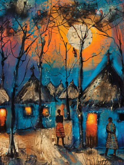 Affiche - Evening at village - Accueil | Oueso - Art Afro Contemporain